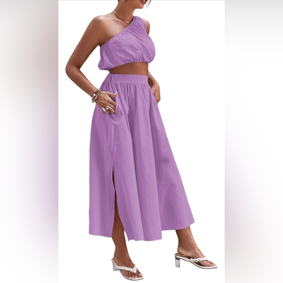 LYANER Women's👱🏽‍♀️2 Pc 1 Shoulder Crop Top&SideSplitMidiSkirtSet wPocketsSz L - Picture 10 of 11